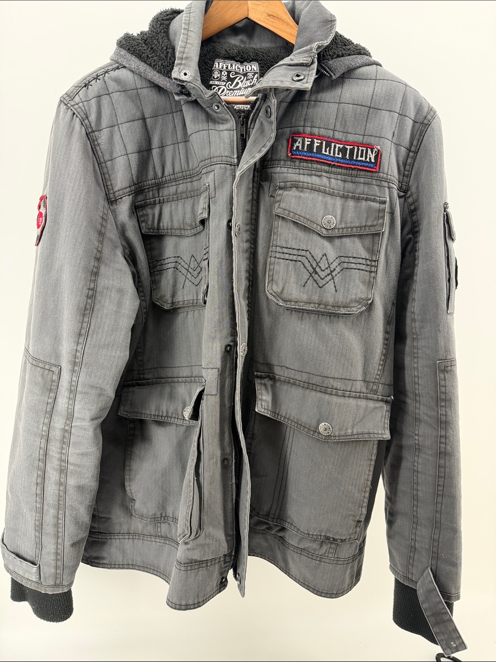 Affliction Gray Hooded Military Field Jacket with Patch Accents